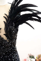 black sequin feathered prom dress
