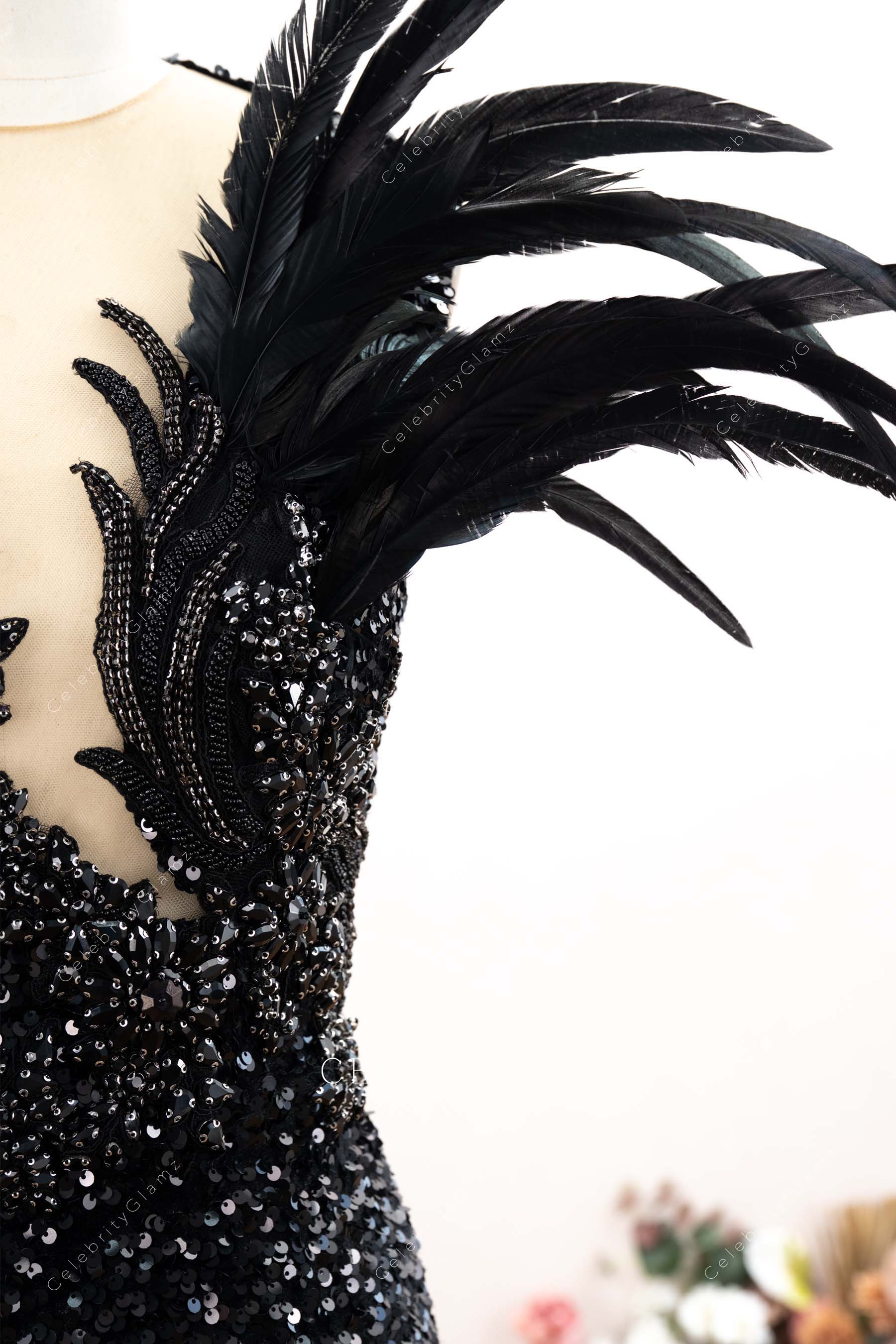 black sequin feathered prom dress
