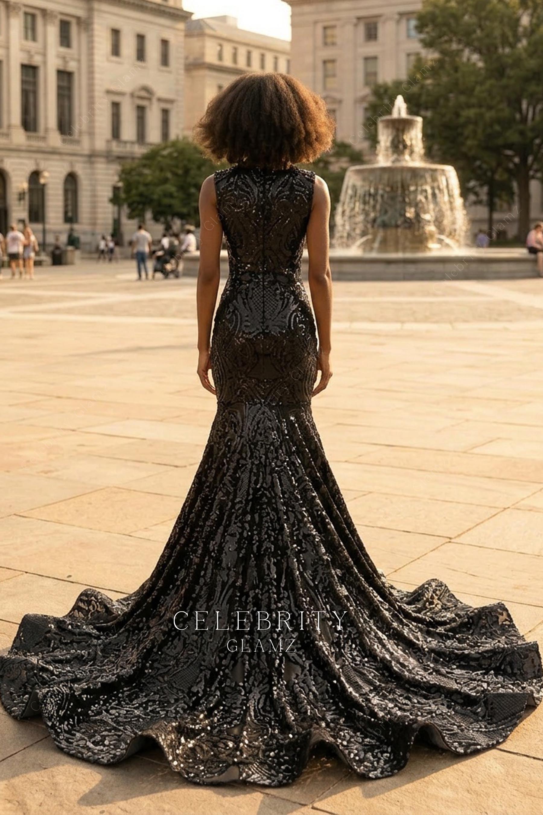 black sequin mermaid prom dress