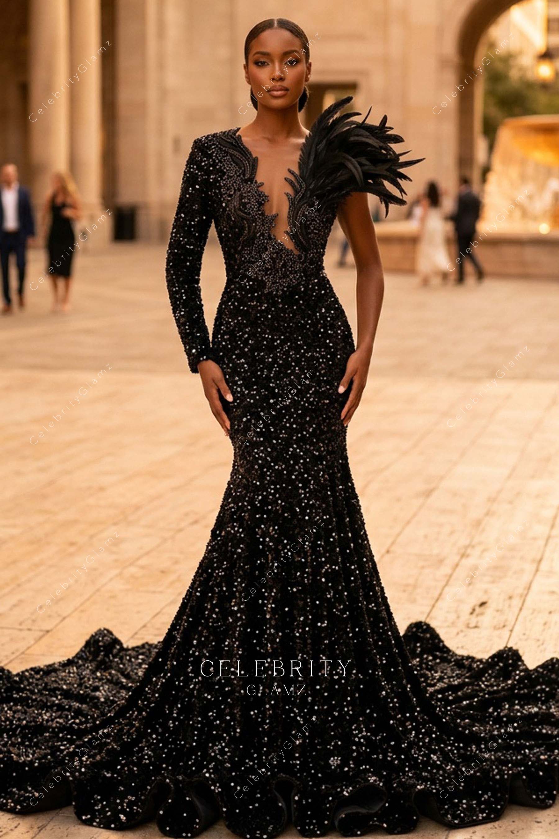 black sequin trumpet prom dress