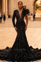 black sequin trumpet prom dress