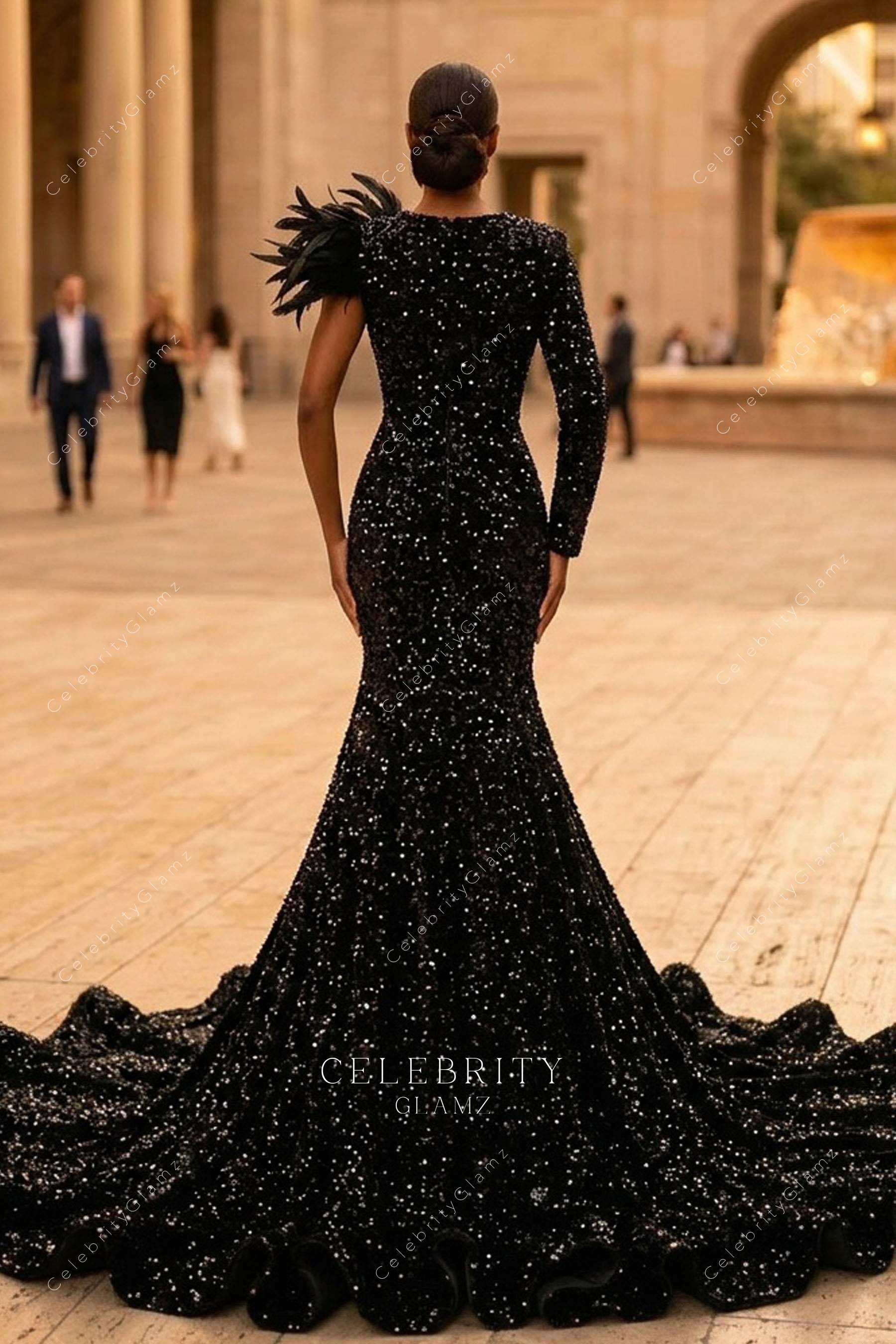 black sequin velvet trumpet prom dress