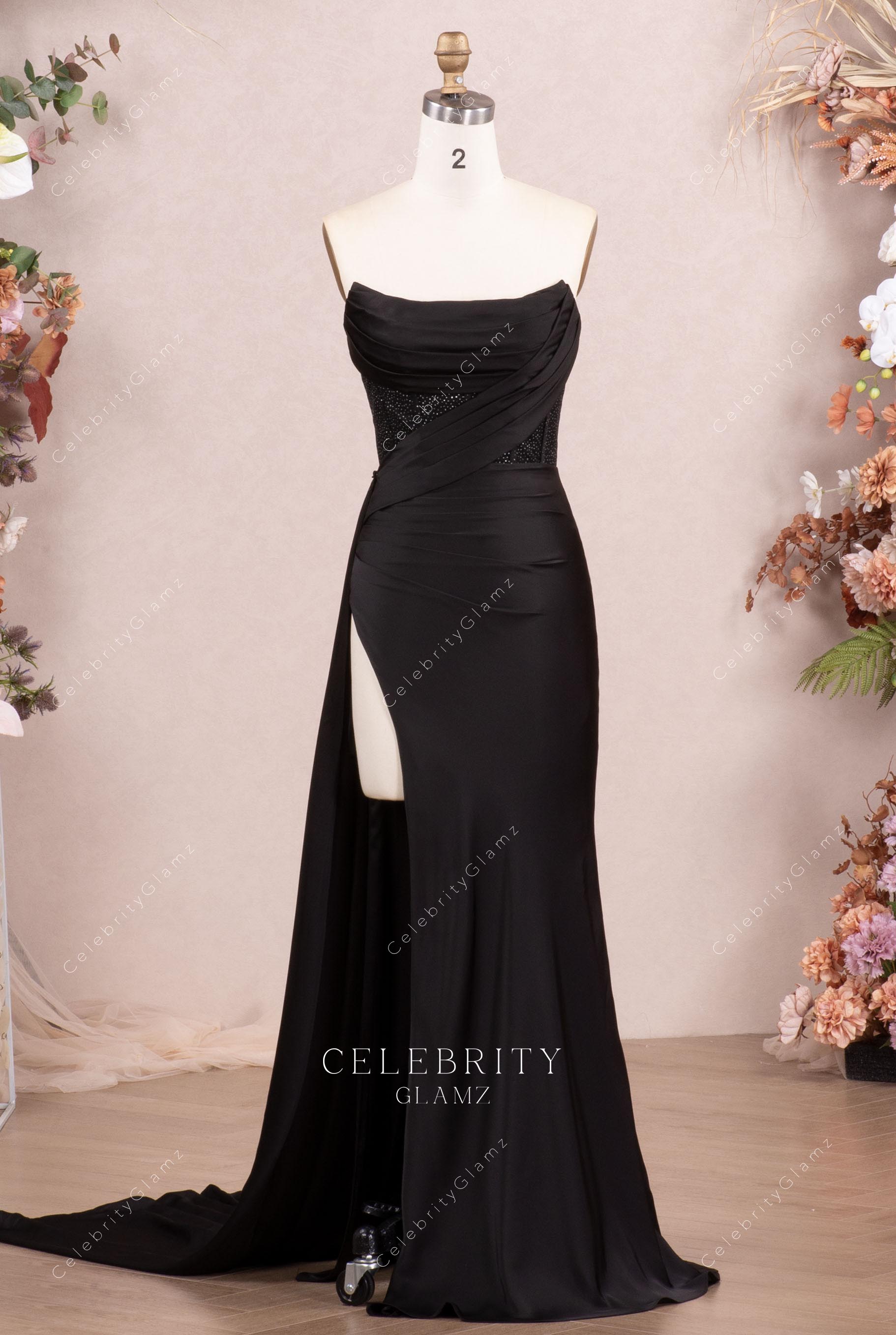 black strapless fit flare prom dress