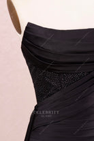 black strapless pleated prom dress