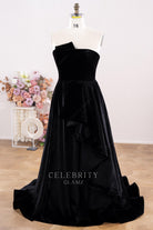 black velvet asymmetrical strapless prom dress