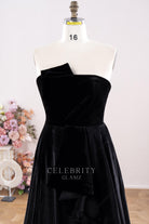 black velvet curved neckline prom dress