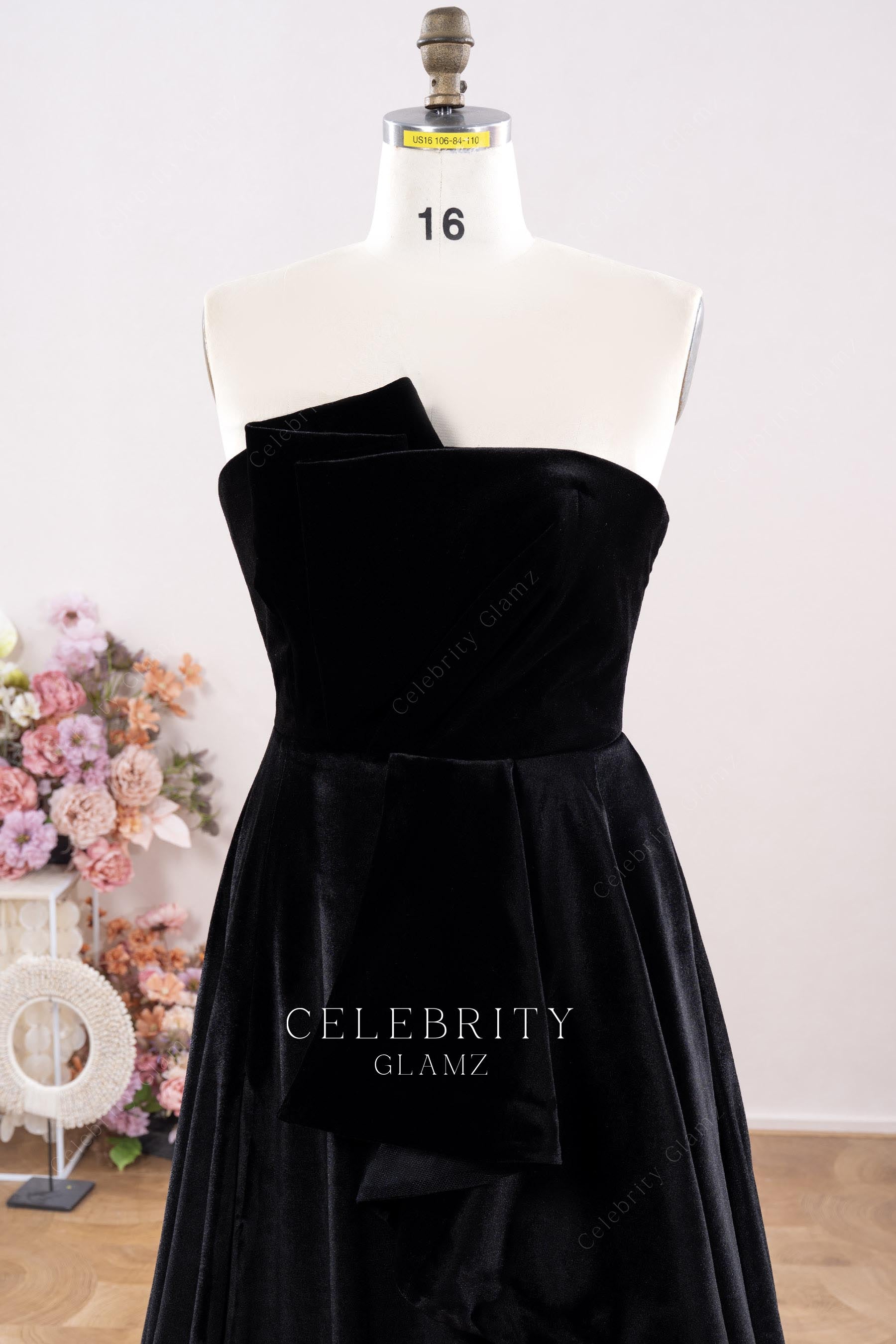 black velvet curved neckline prom dress