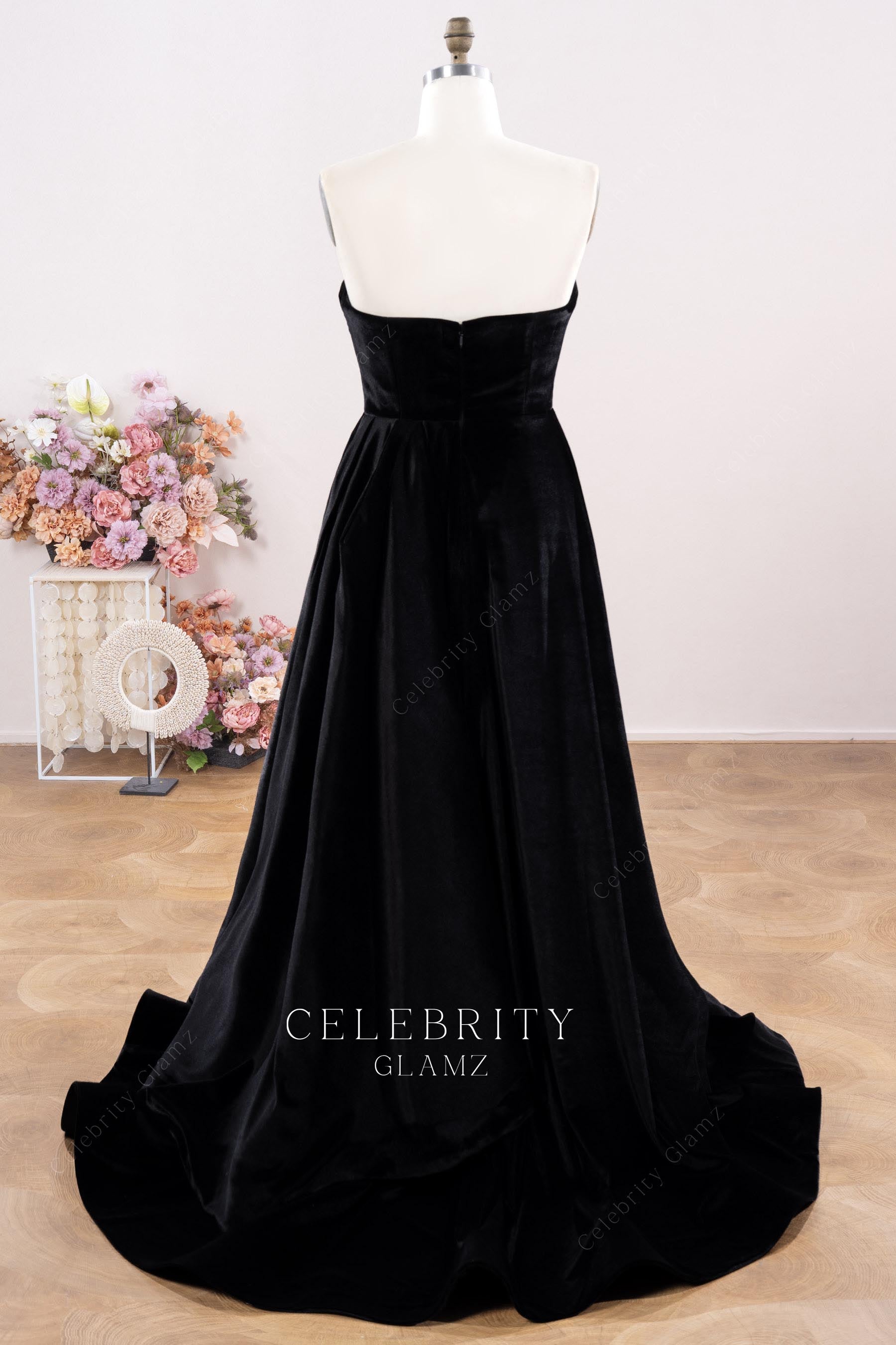black velvet strapless court train prom dress