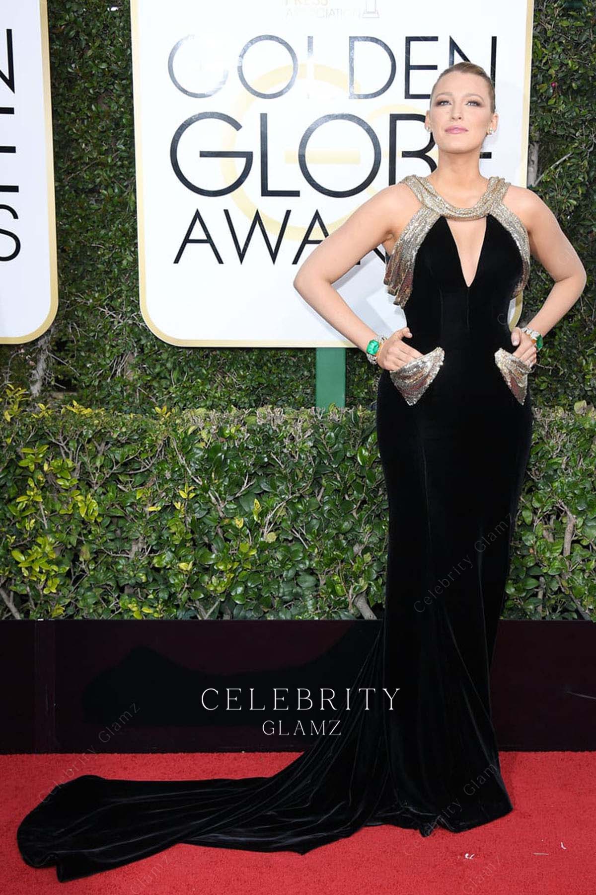 Blake Lively black mermaid prom dress golden globes 2017 