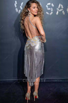 Blake Lively silver glitter prom dress Versace fashion show new York 2018