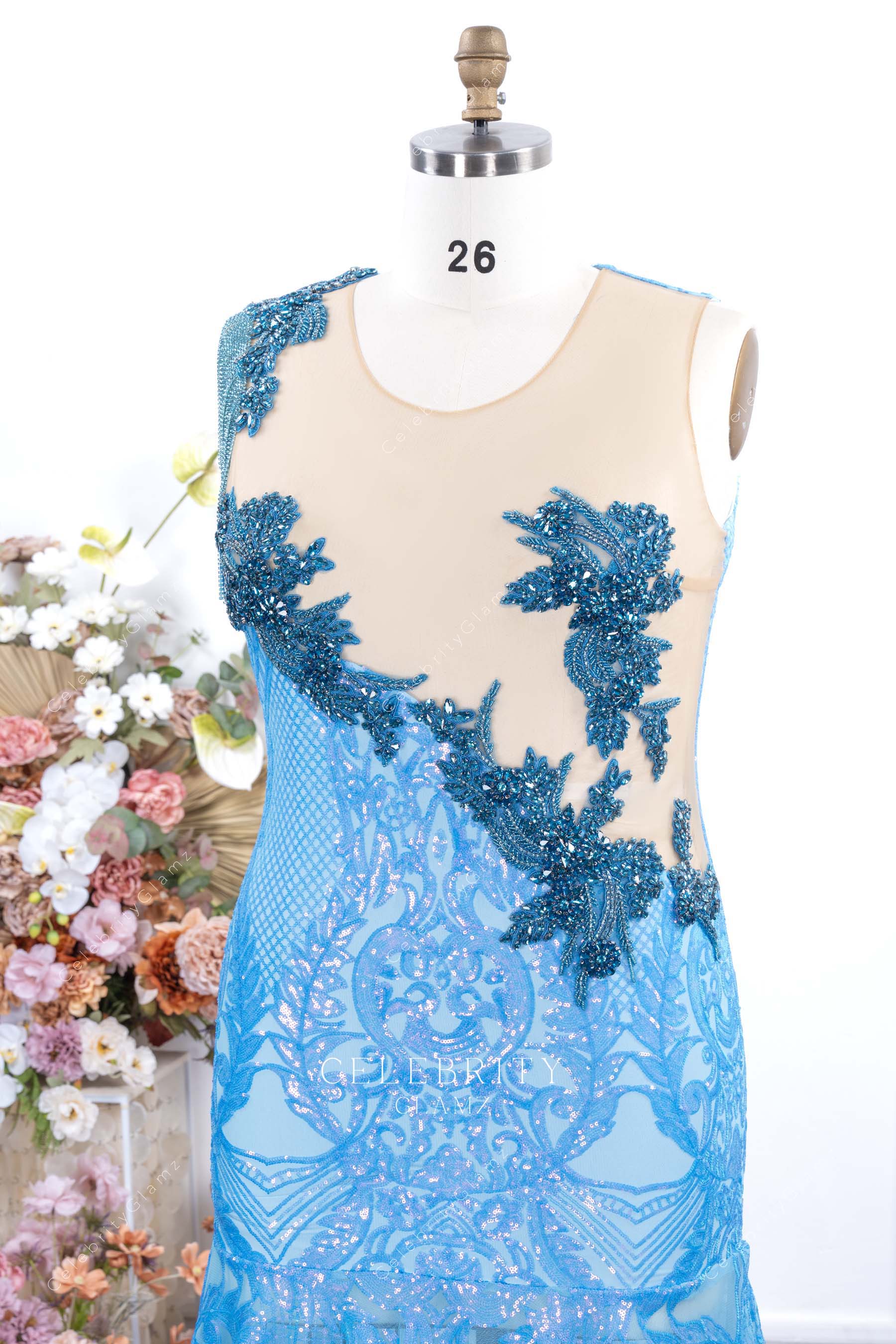 blue beaded lace sleeveless prom dress