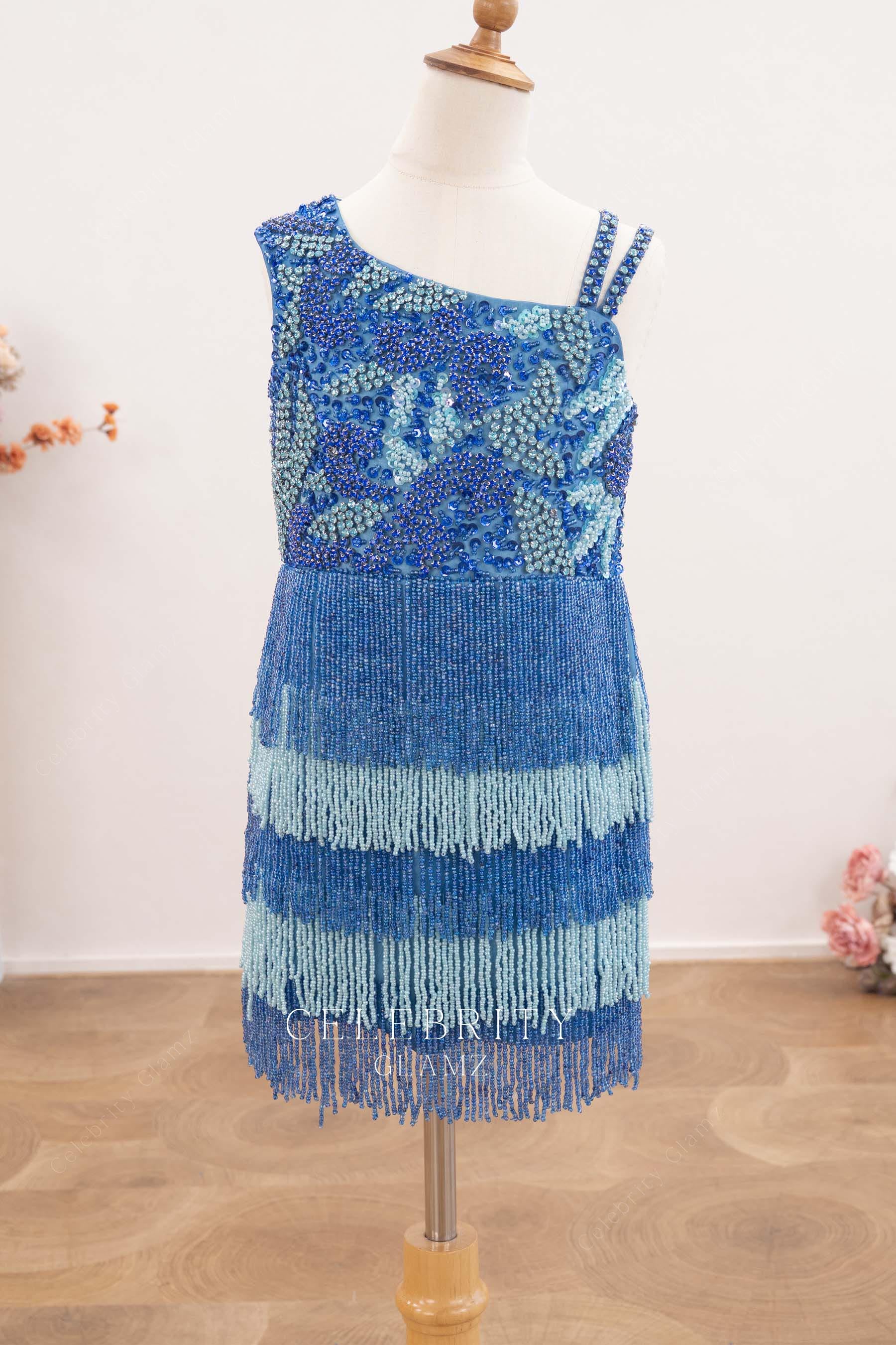 blue beaded tassel short kids dress