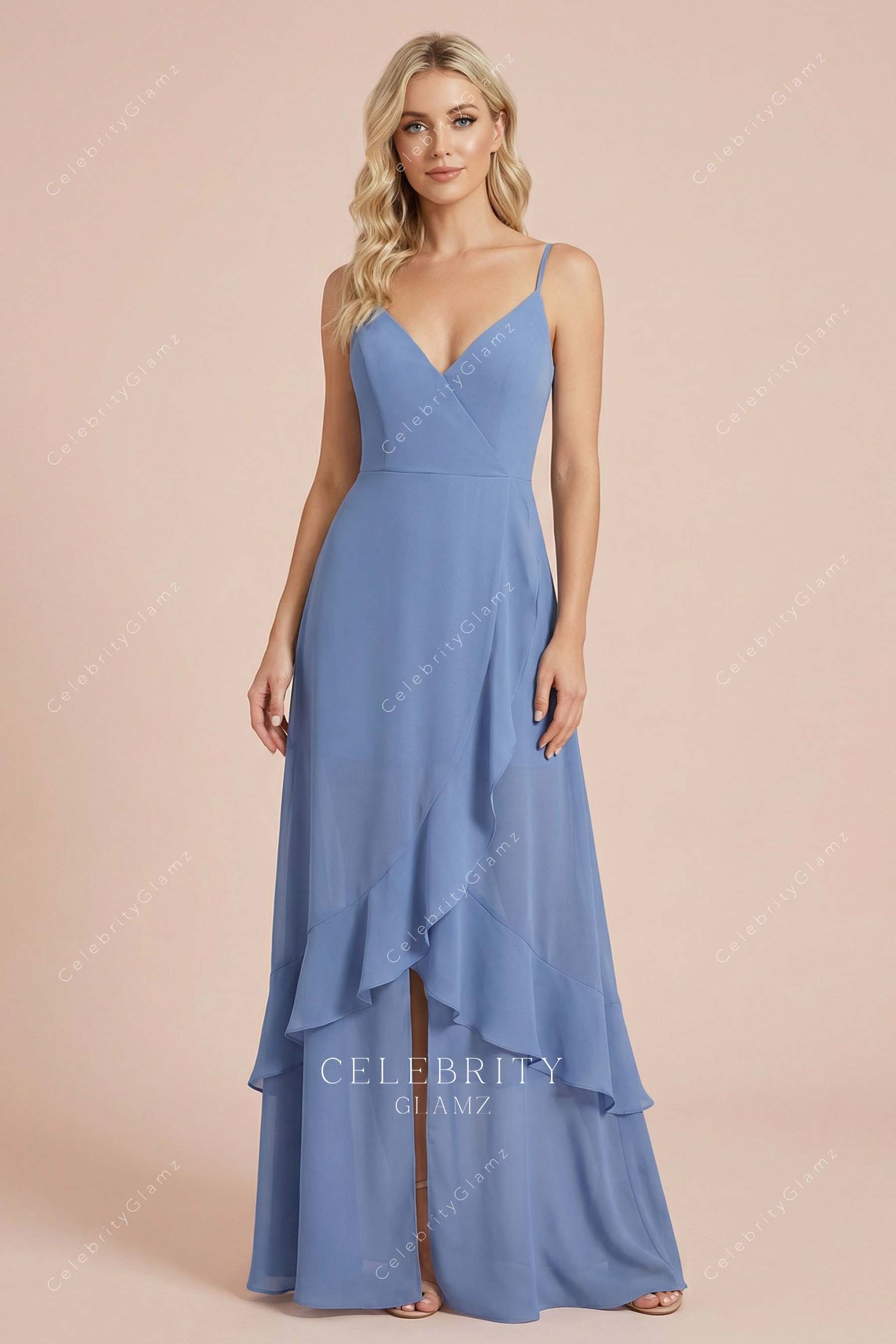 blue chiffon a line bridesmaid dress