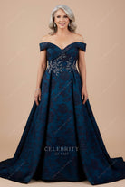 blue floral satin formal dress