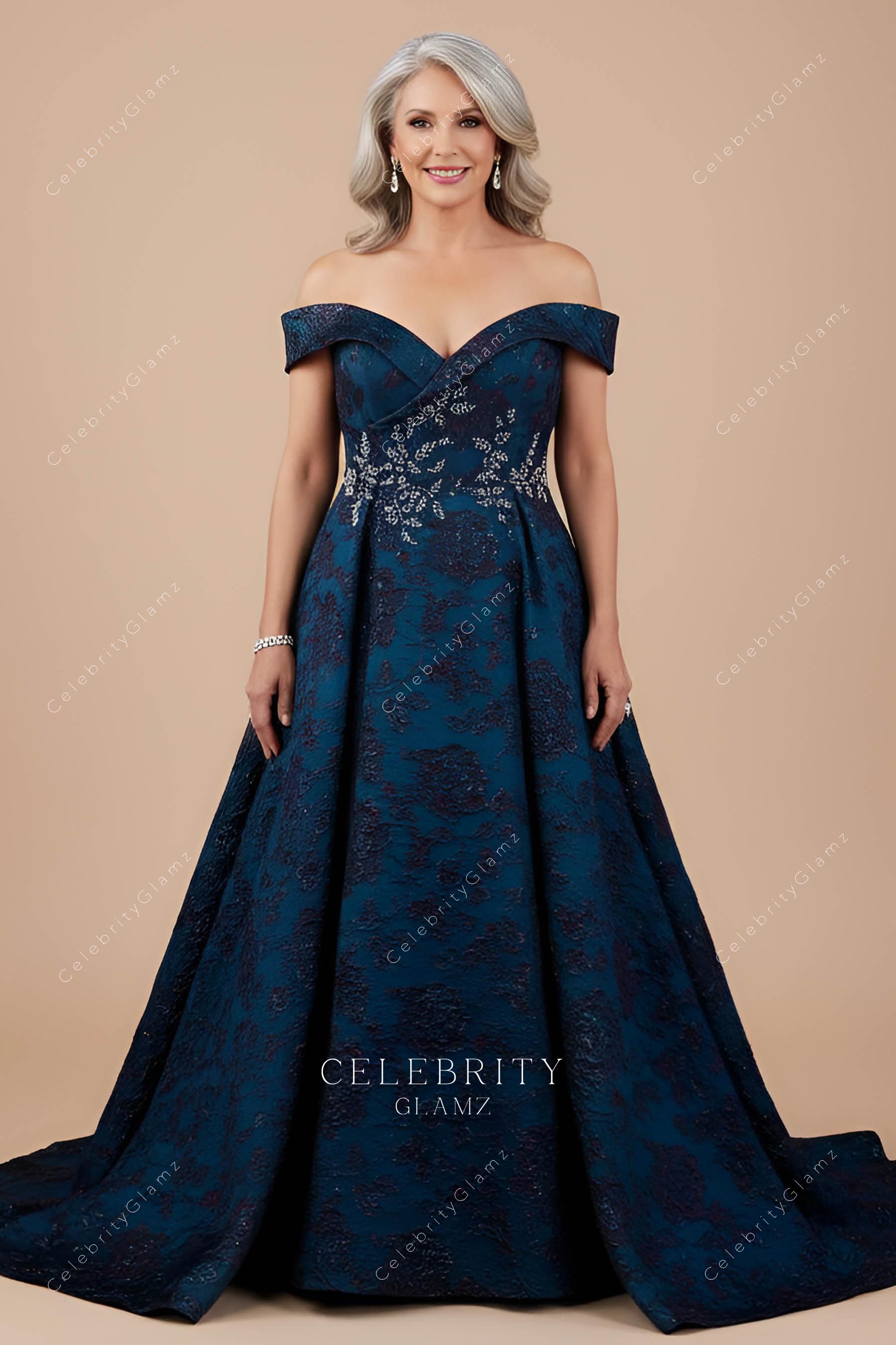 blue floral satin formal dress