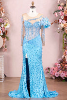 blue high split mermaid prom dress