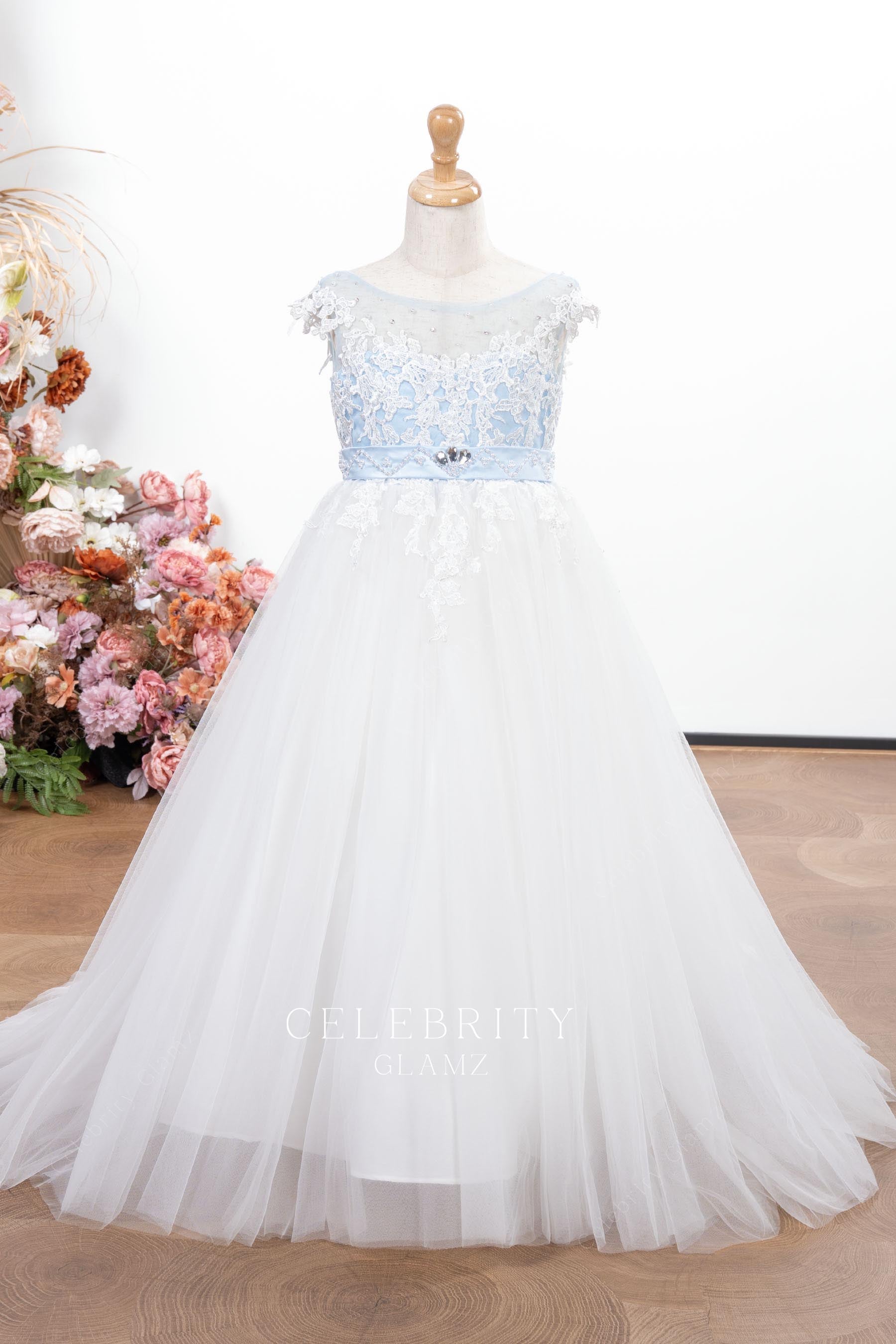 blue lace a line flower girl dress
