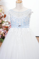 blue lace illusion boat neck flower girl dress