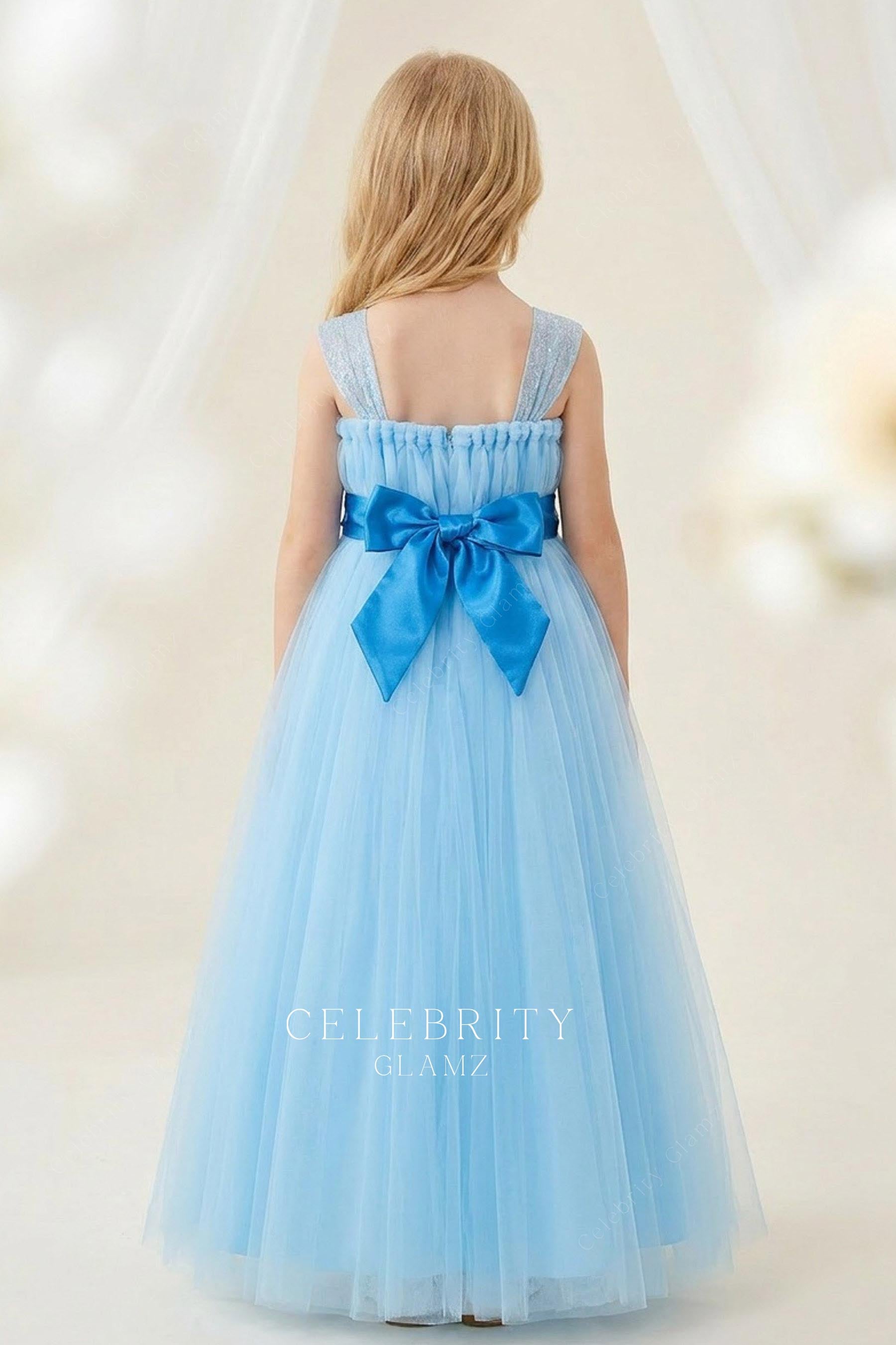 blue satin bowknot waistband flower girl dress