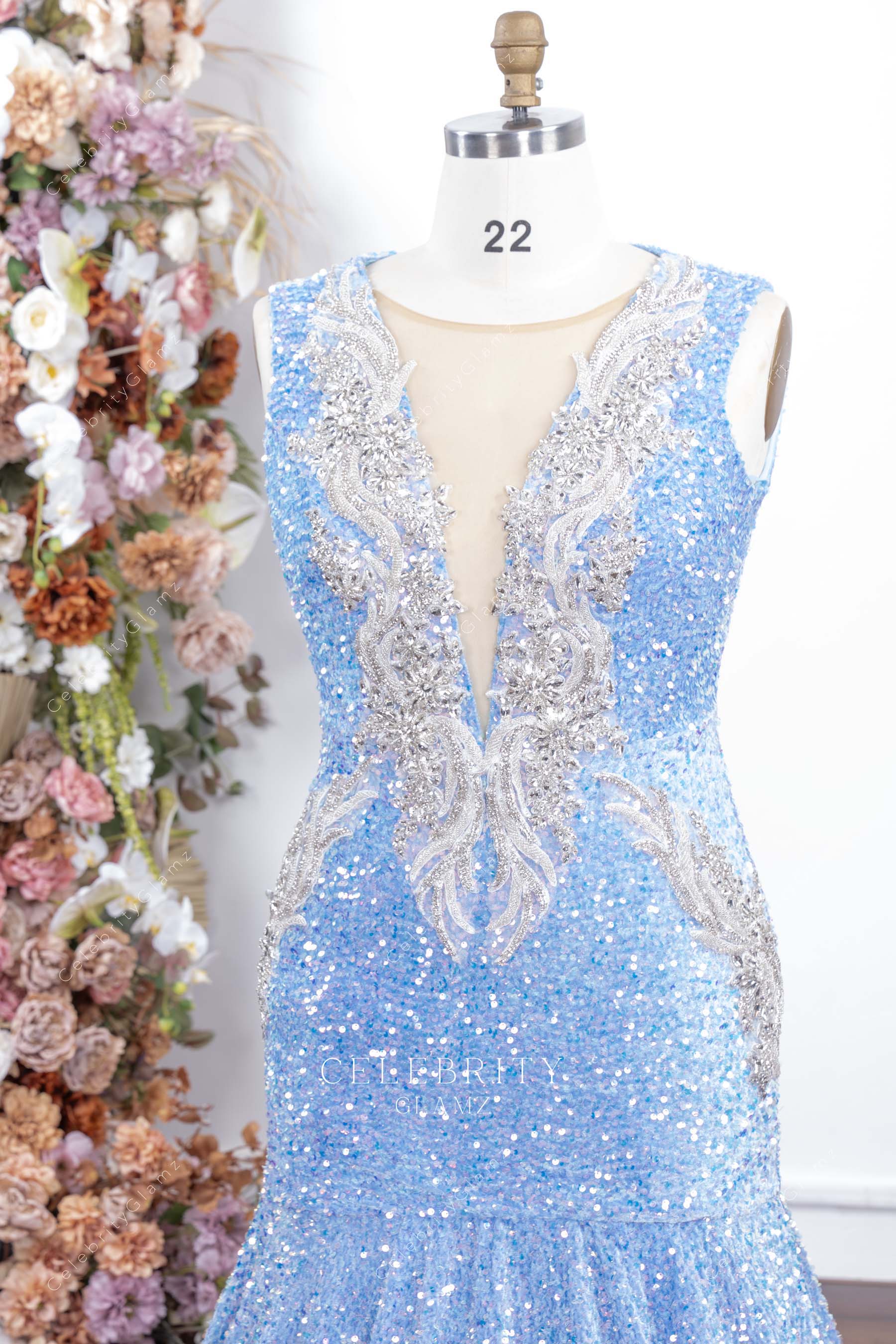 blue sequin plunging neck prom dress