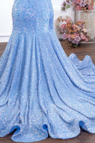 blue sequin trumpet horsehair prom dress