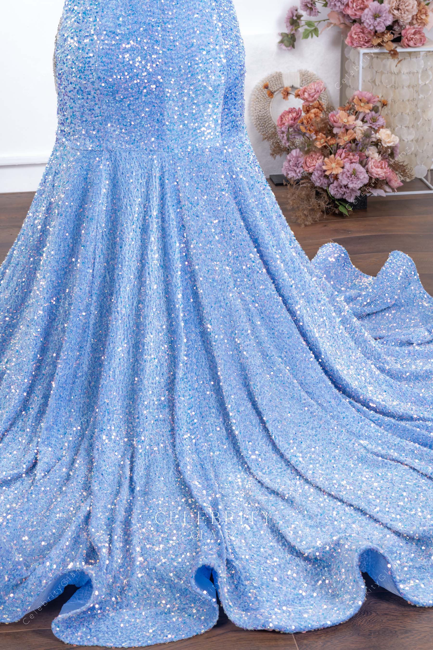 blue sequin trumpet horsehair prom dress