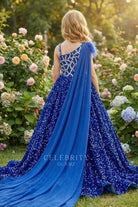 blue shoulder veil a line pageant dress