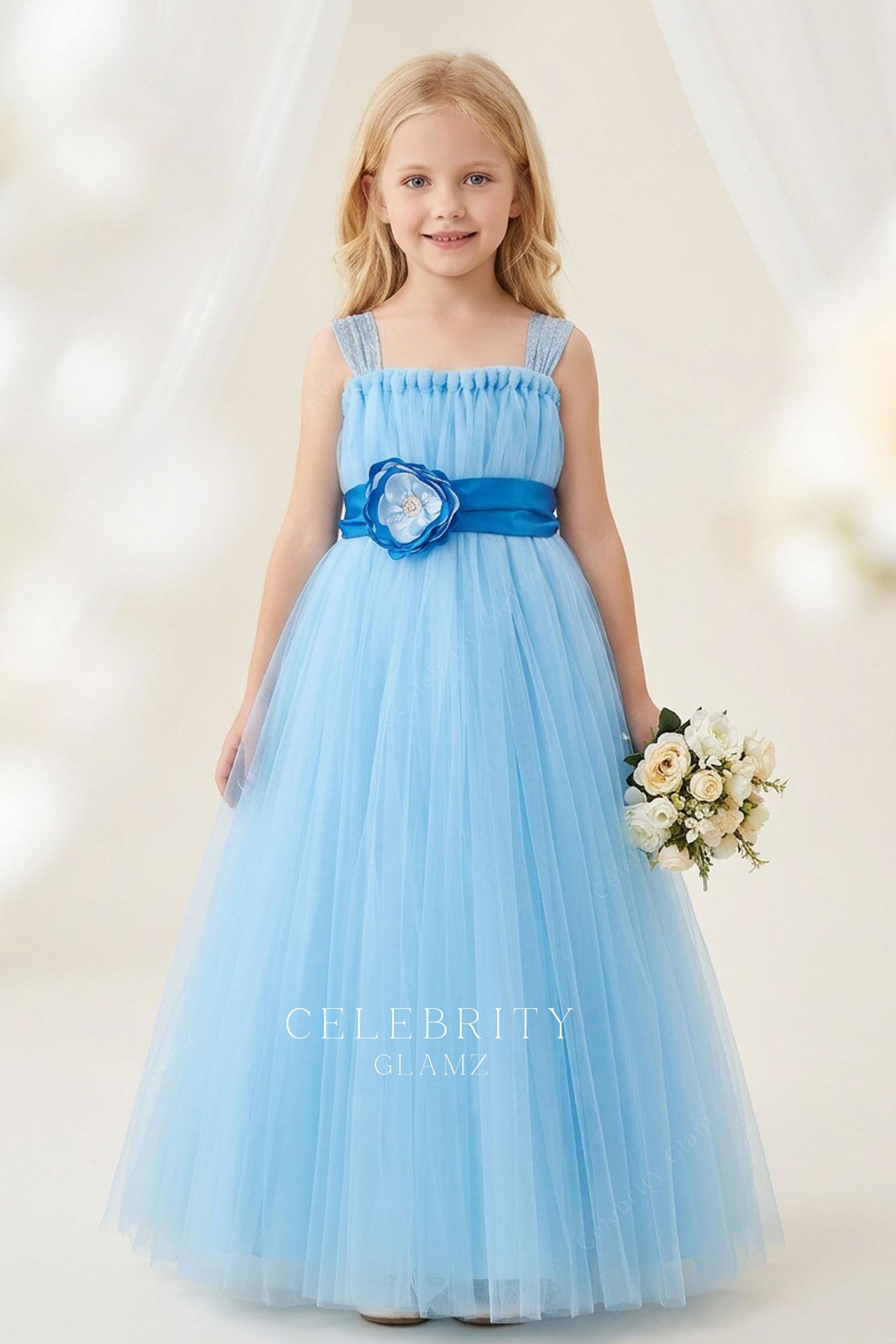 blue tulle a line flower girl dress