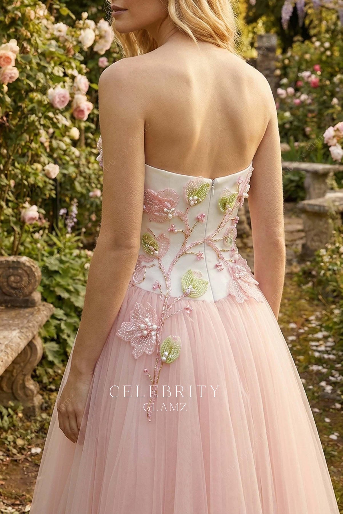 blush pink strapless open back wedding dress