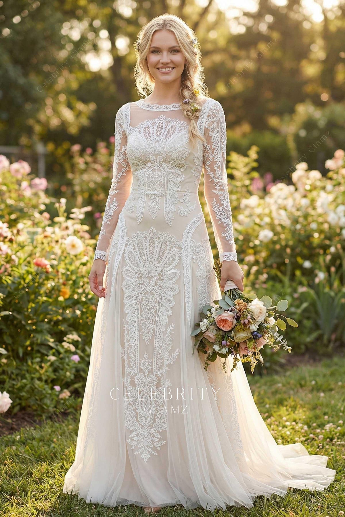 boho lace a line bridal dress