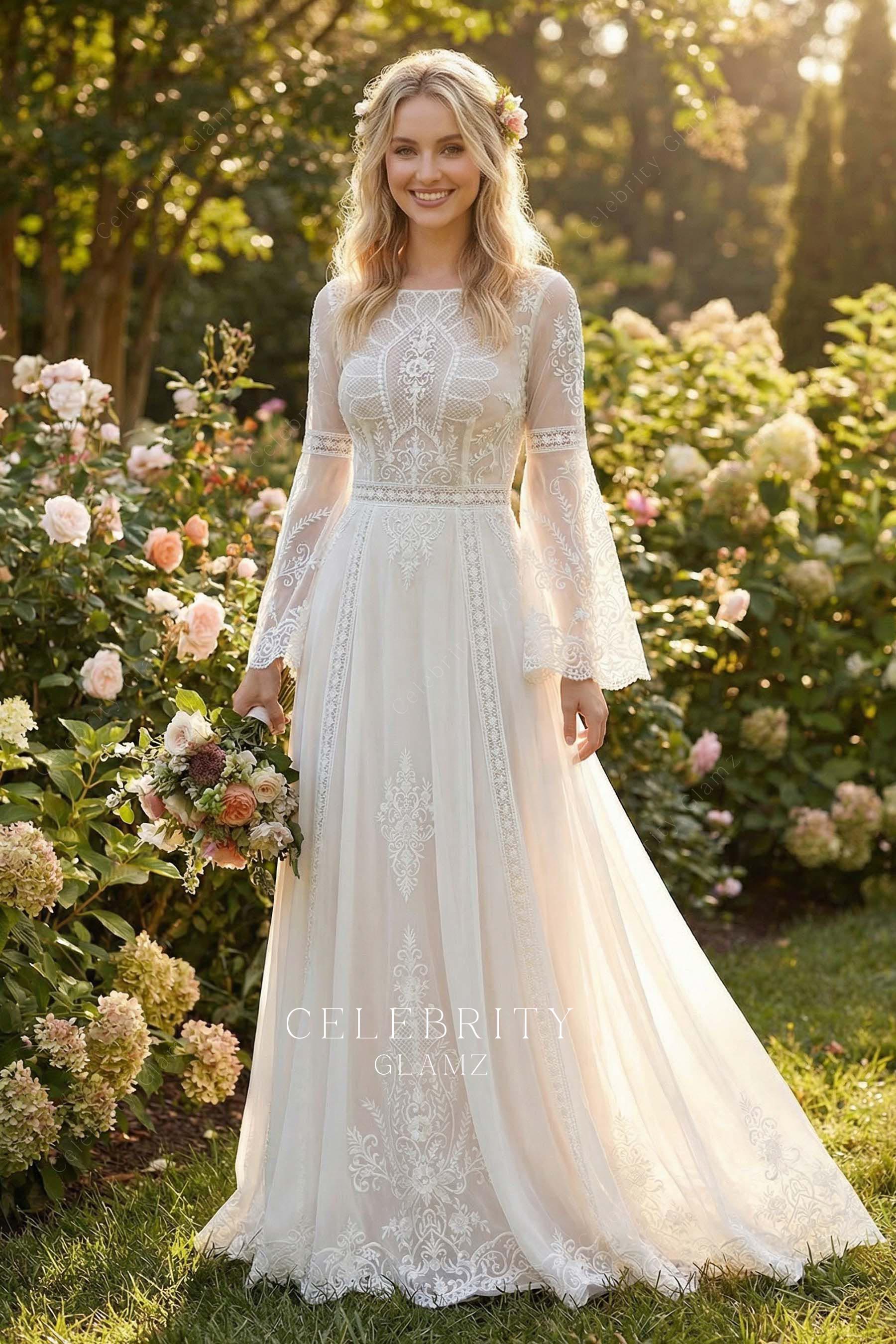boho lace a line bridal dress