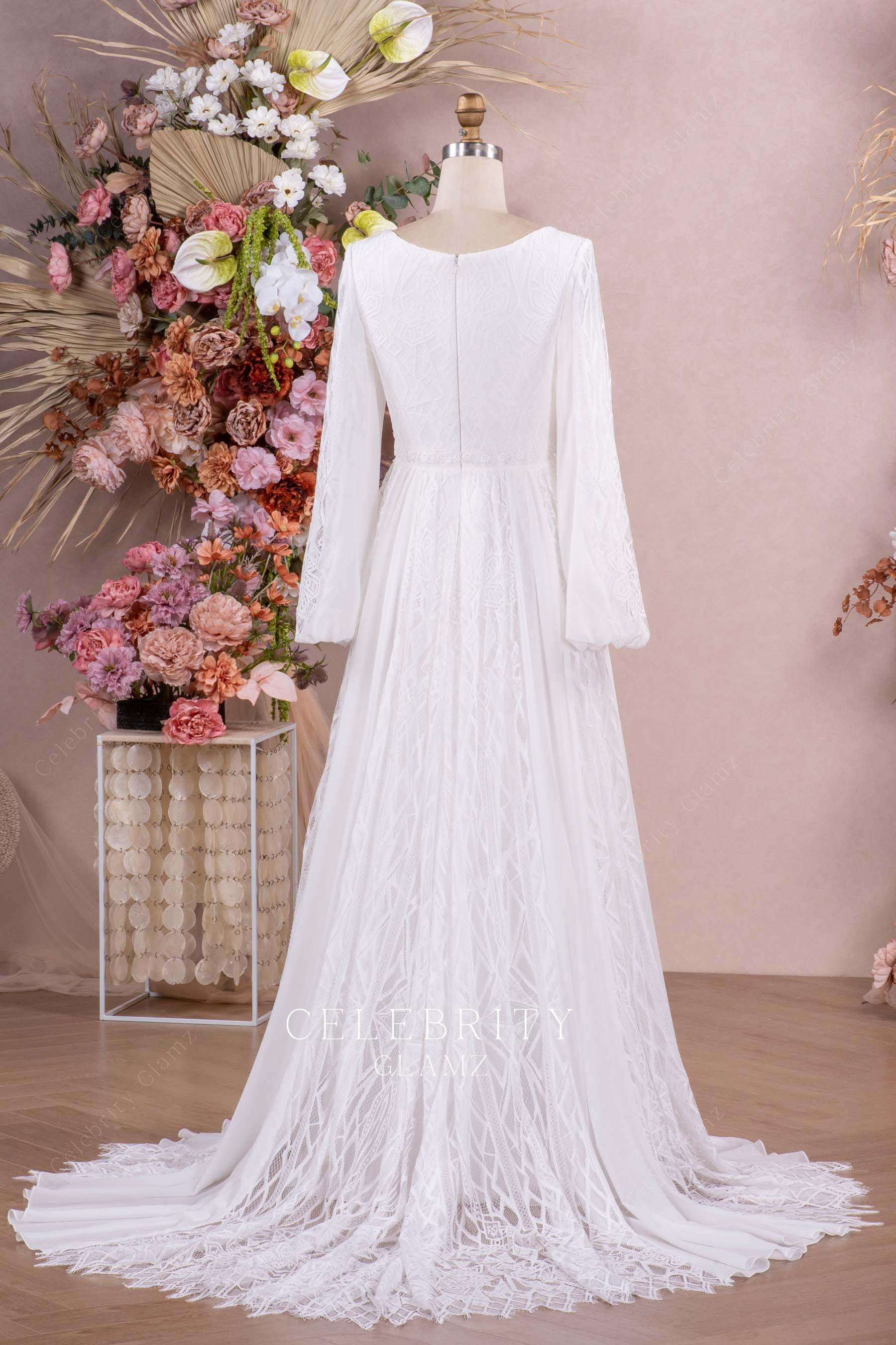 boho lace a line court train bridal dress