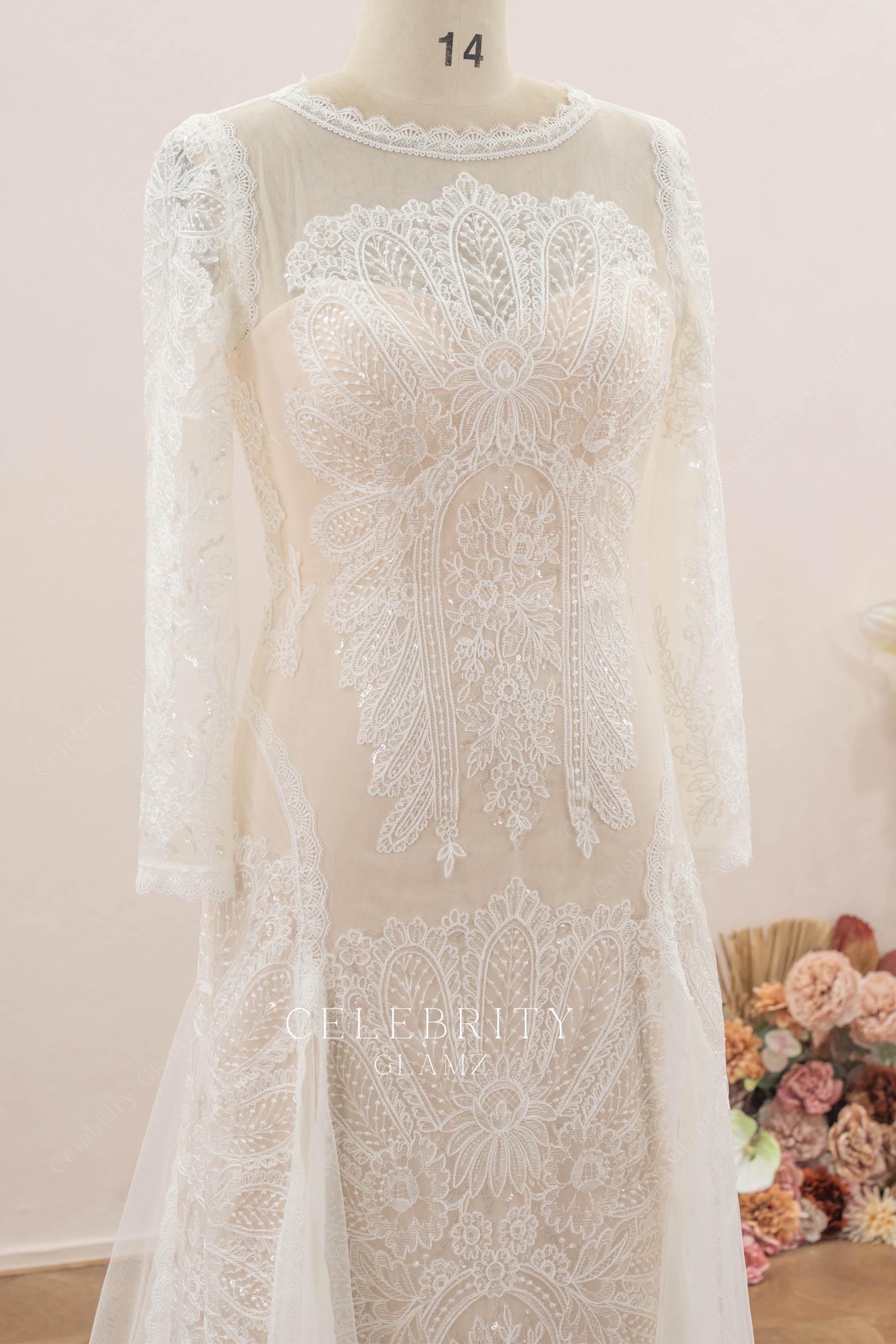 boho lace boat neck wedding dress
