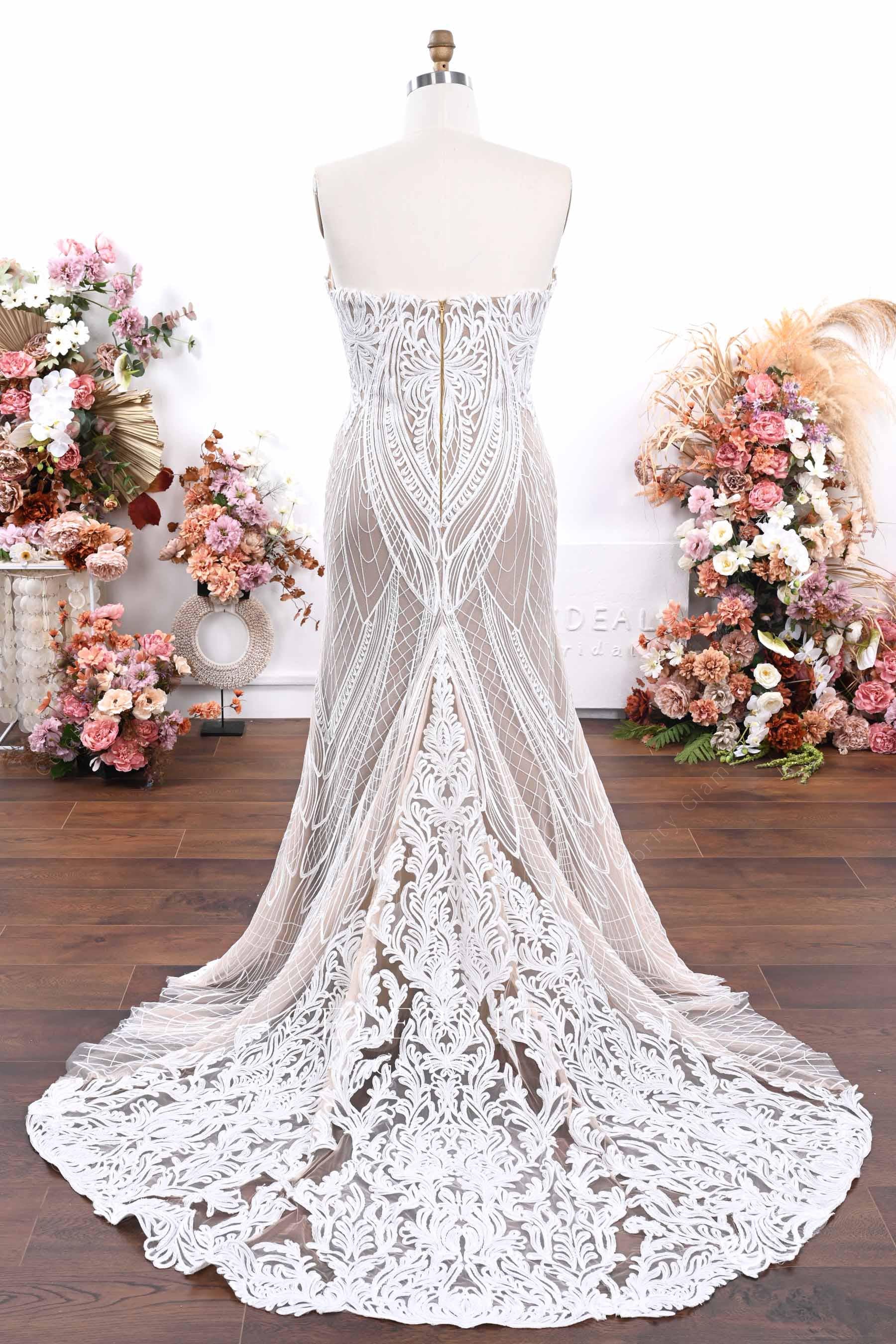 boho lace court train wedding dress