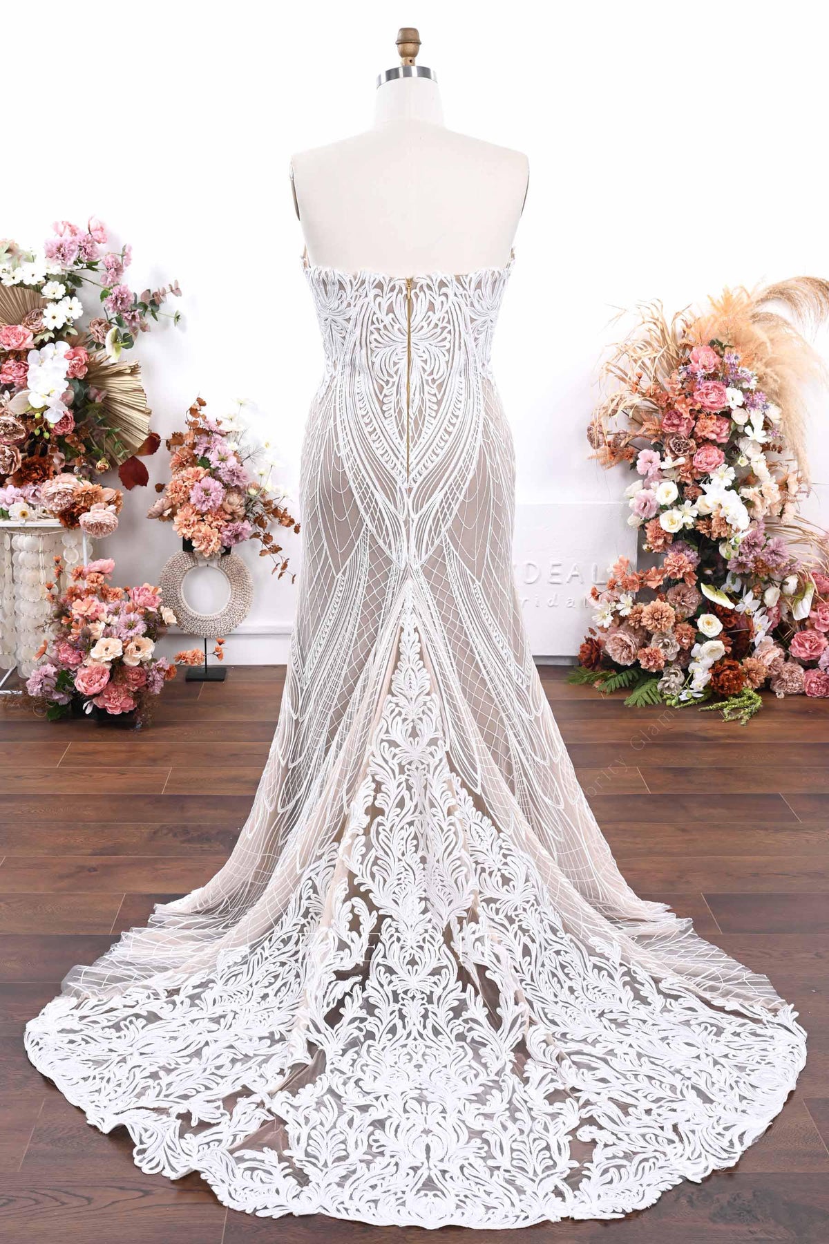 boho lace court train wedding dress