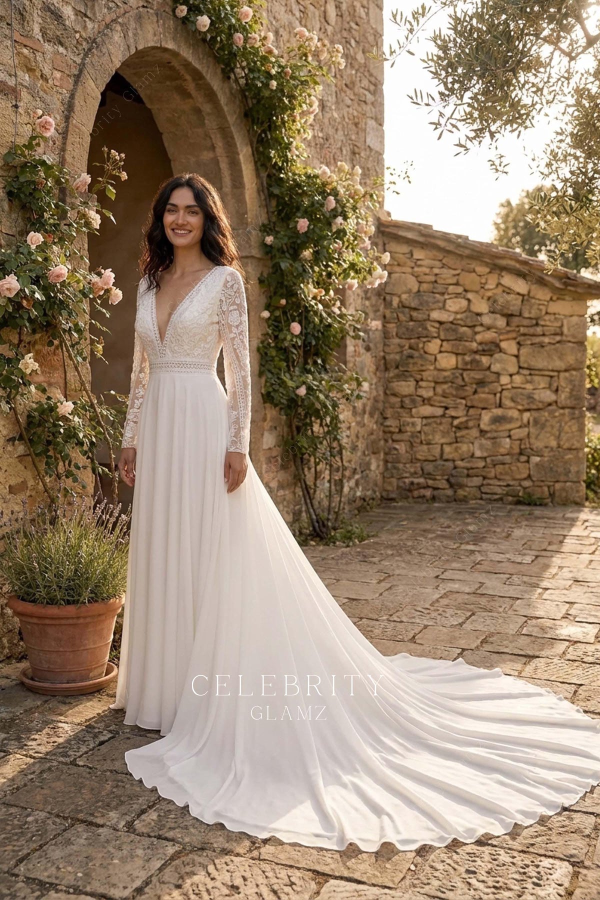 boho lace long sleeve wedding dress