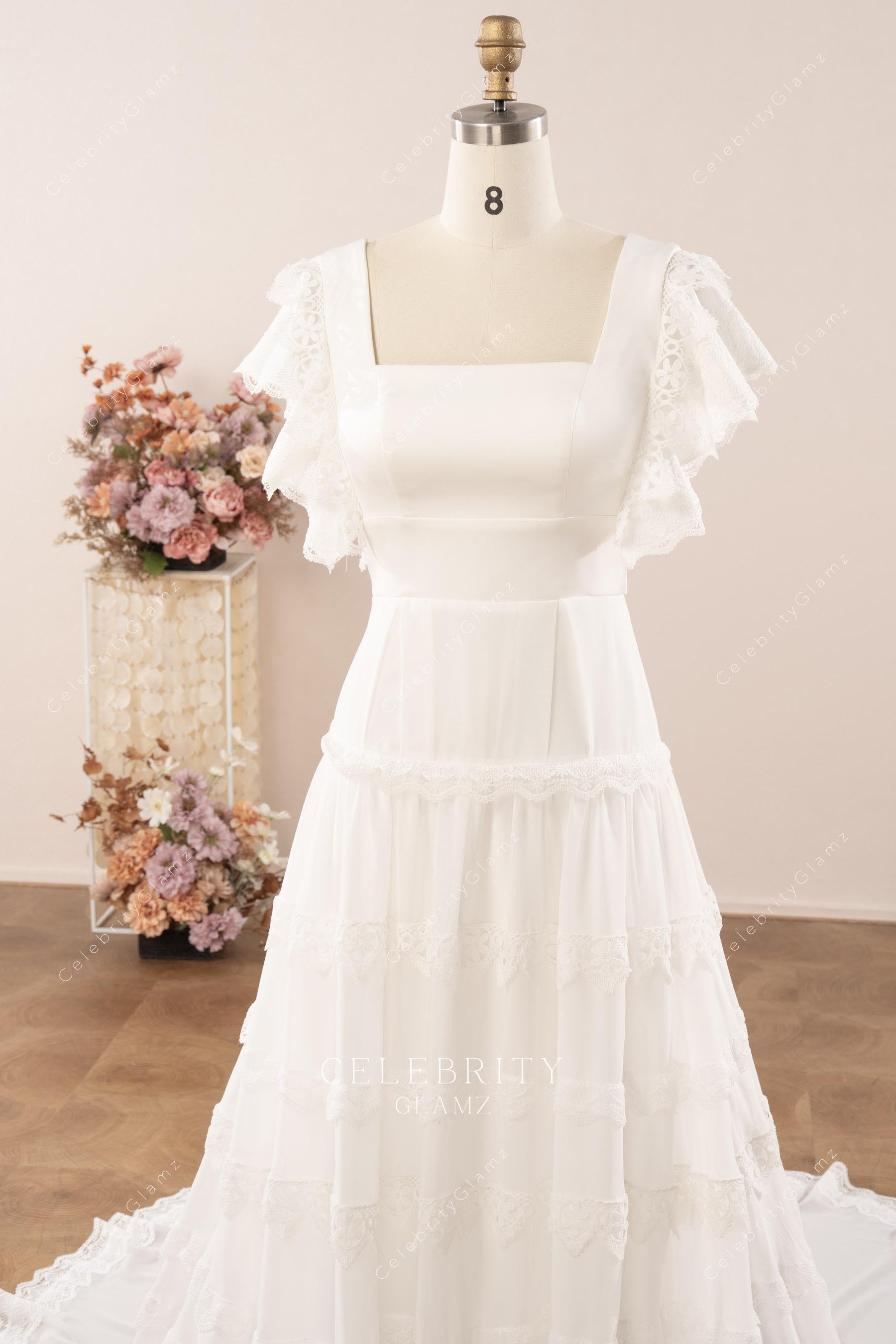 boho square neck wedding dress