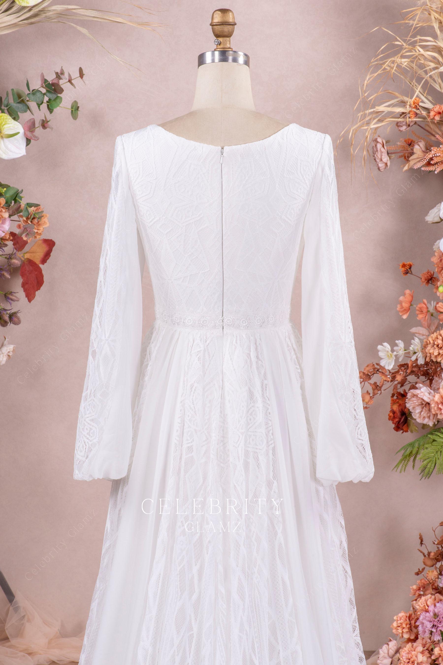 boho white lace full back bridal dress