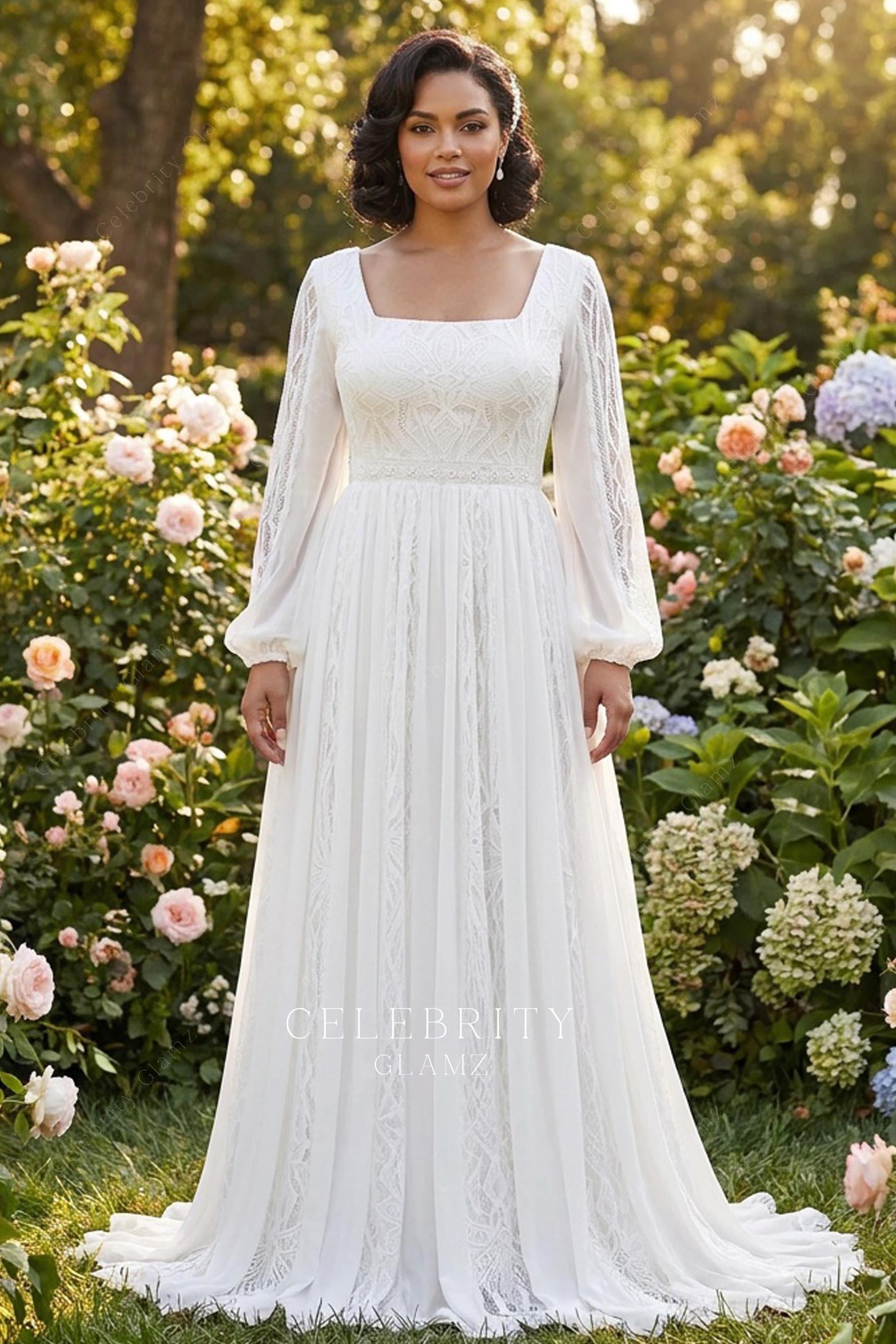 Bobo white lace long sleeves bridal dress