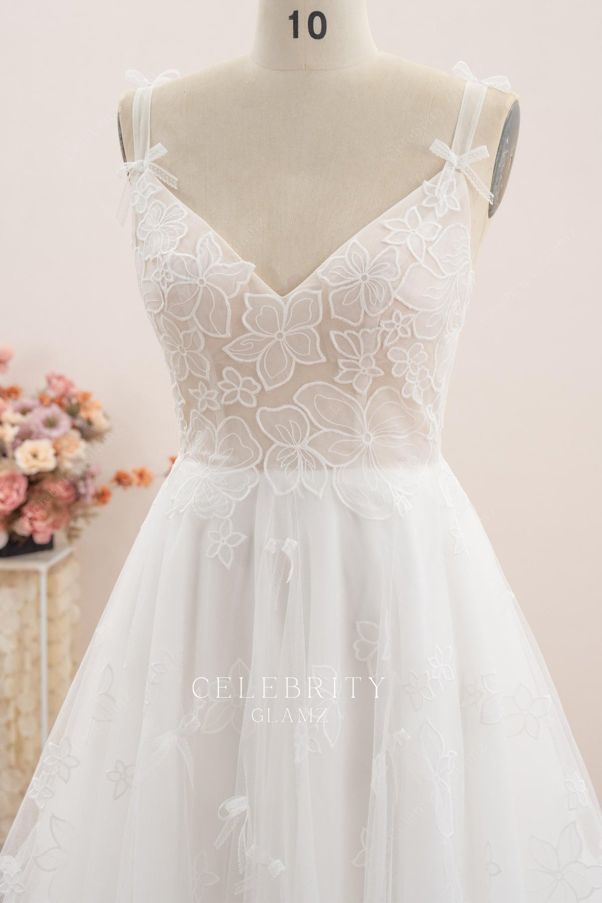 bowknot straps v neck wedding dress