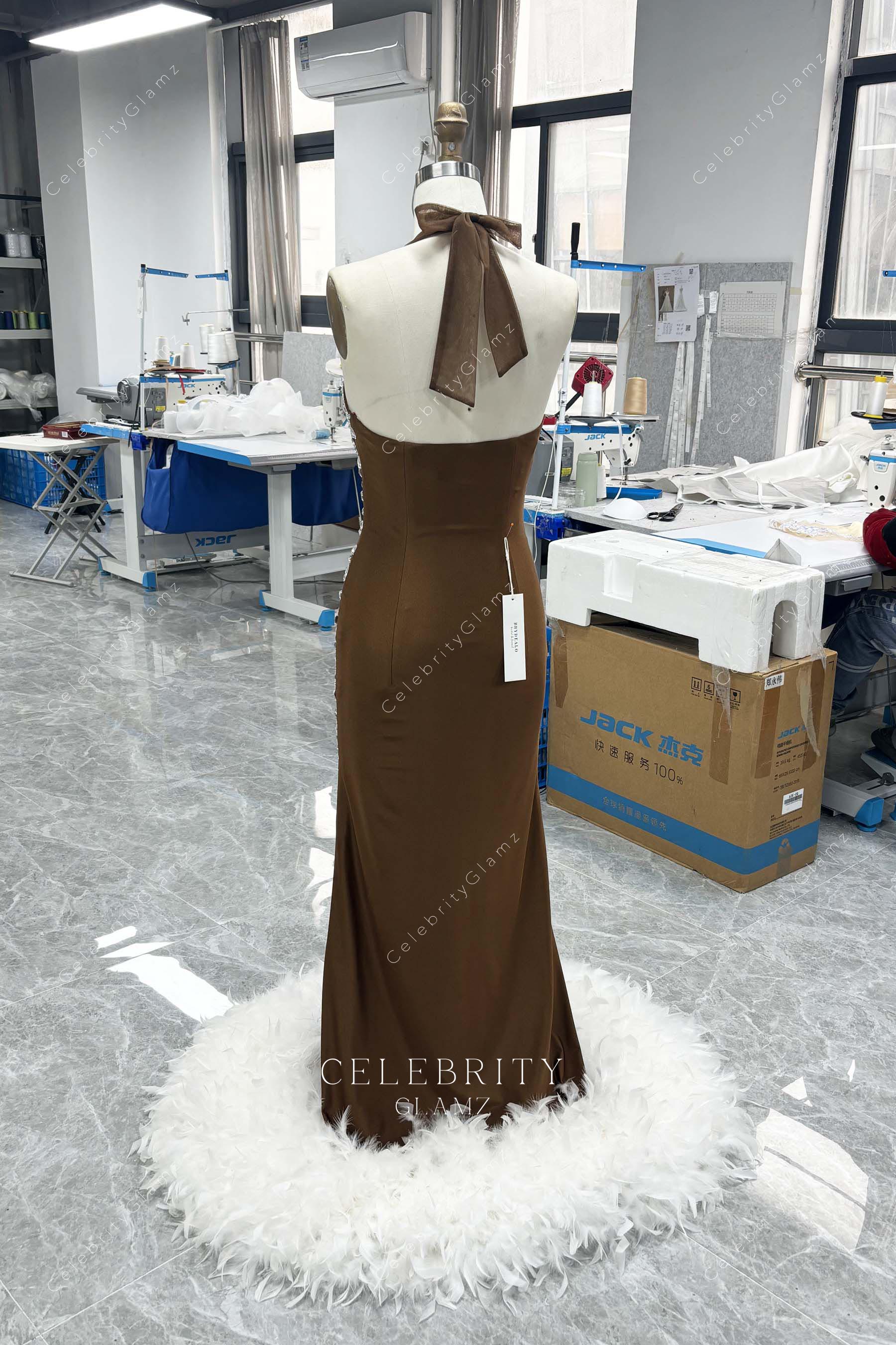 brown open back prom dress