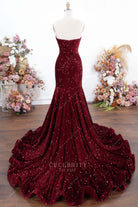 burgundy glitter long train prom dress