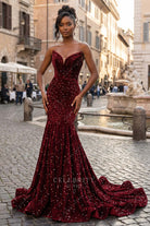 burgundy sequin strapless v neck prom dress