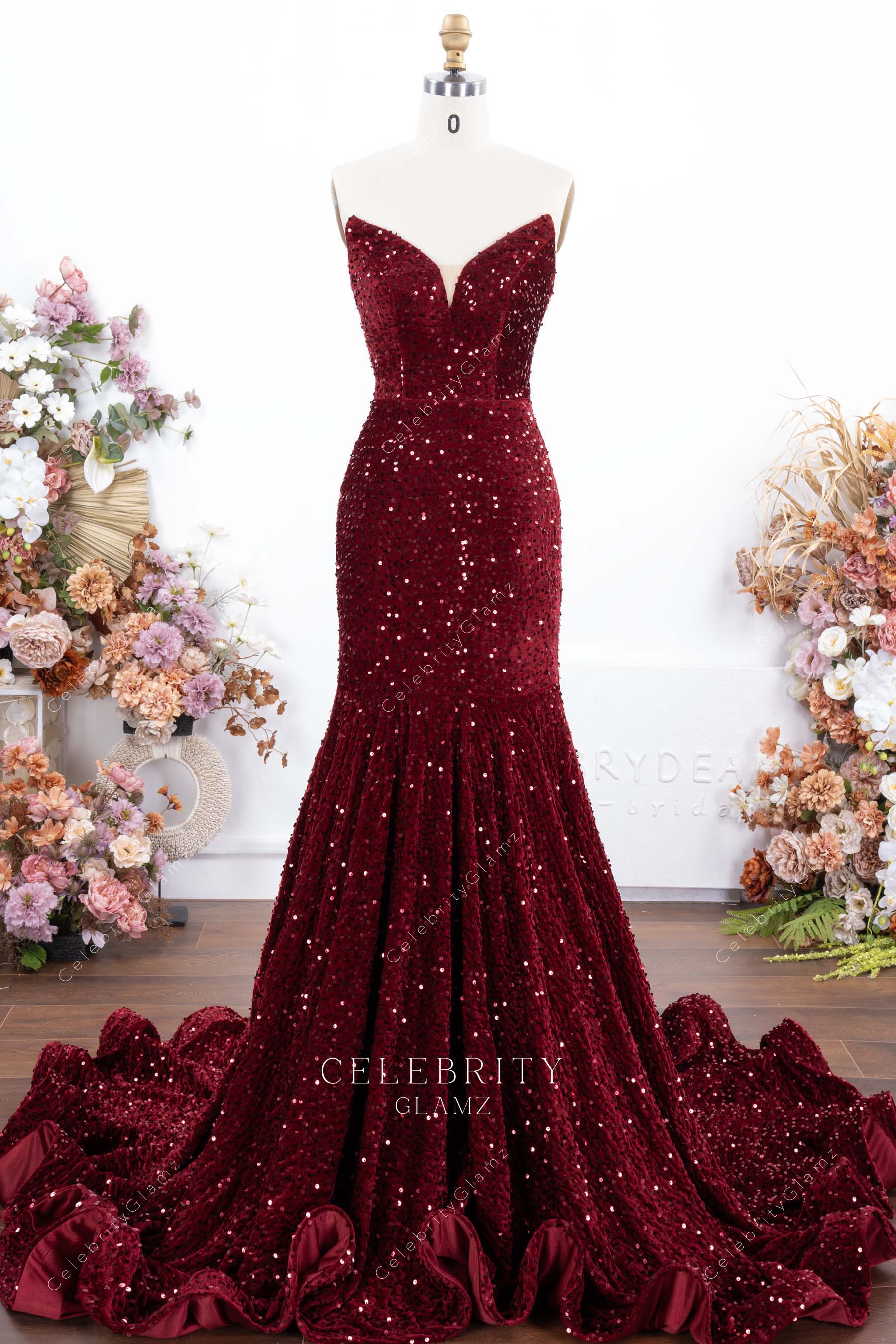 burgundy sequin trumpet prom dress