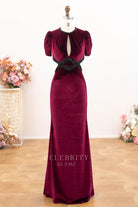 burgundy velvet crew neck formal dress