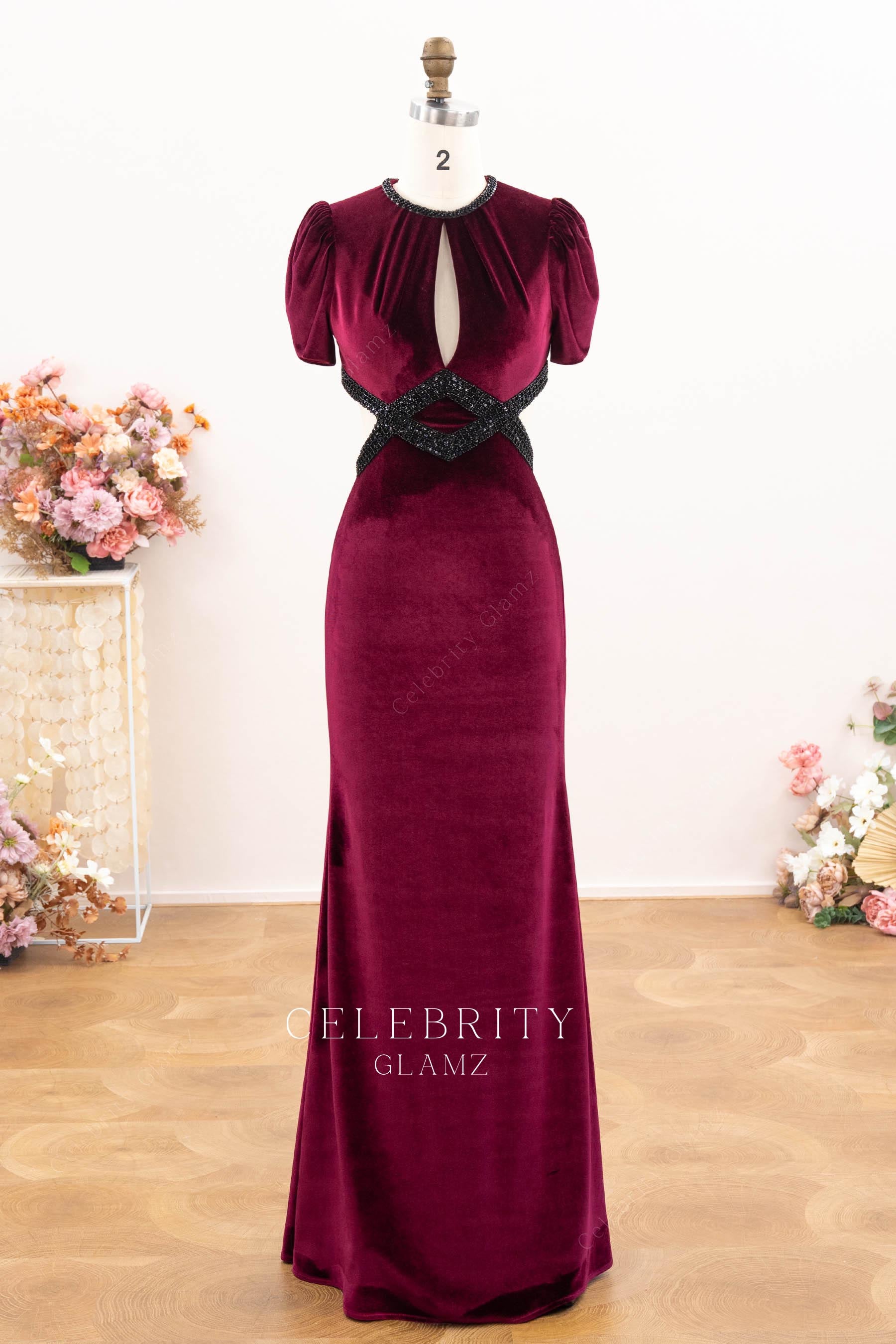 burgundy velvet crew neck formal dress