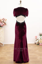 burgundy velvet cutout back formal dress