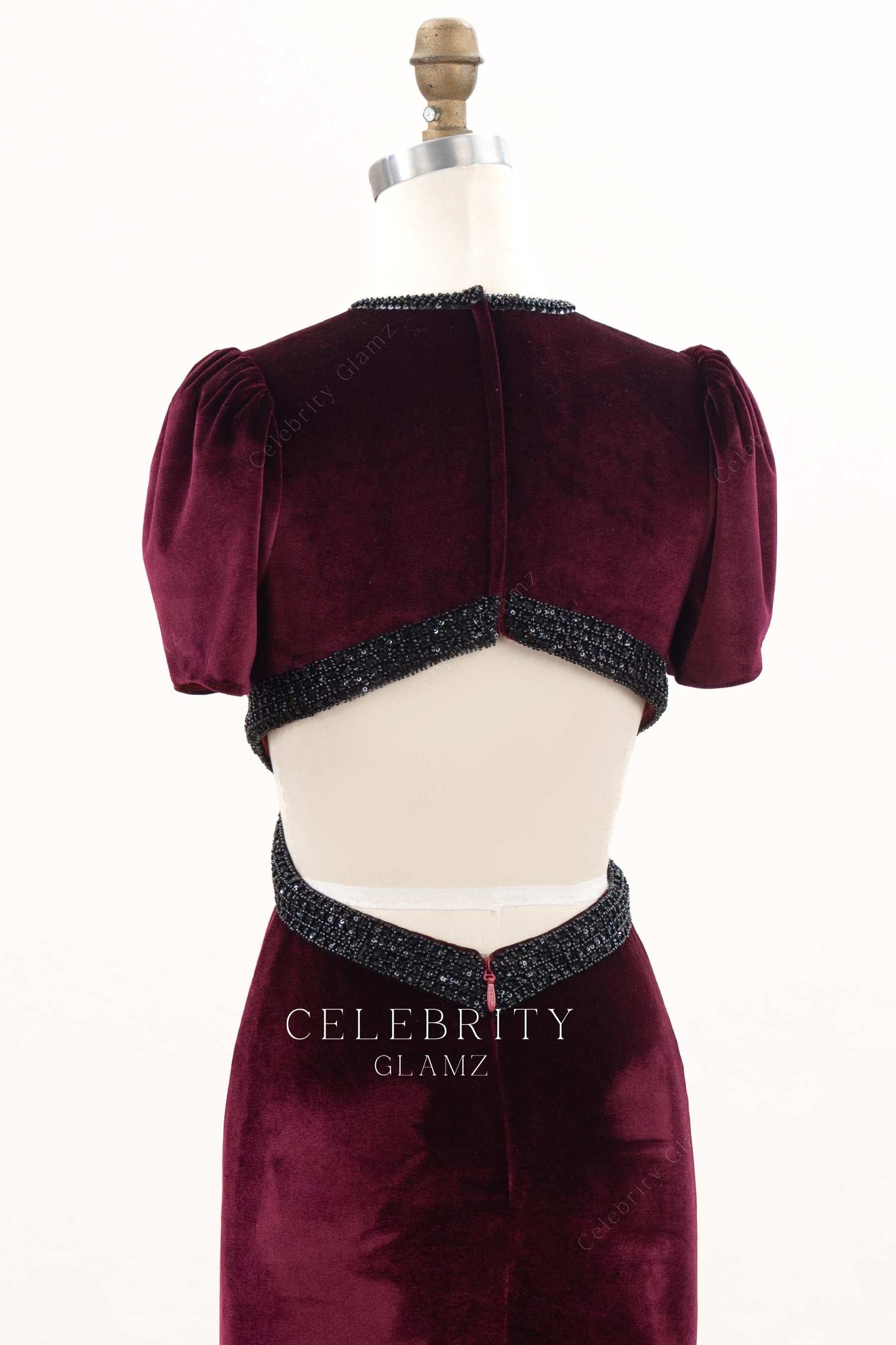 burgundy velvet short sleeve formal dress