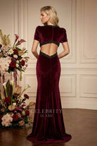 burgundy velvet sweep train formal dress