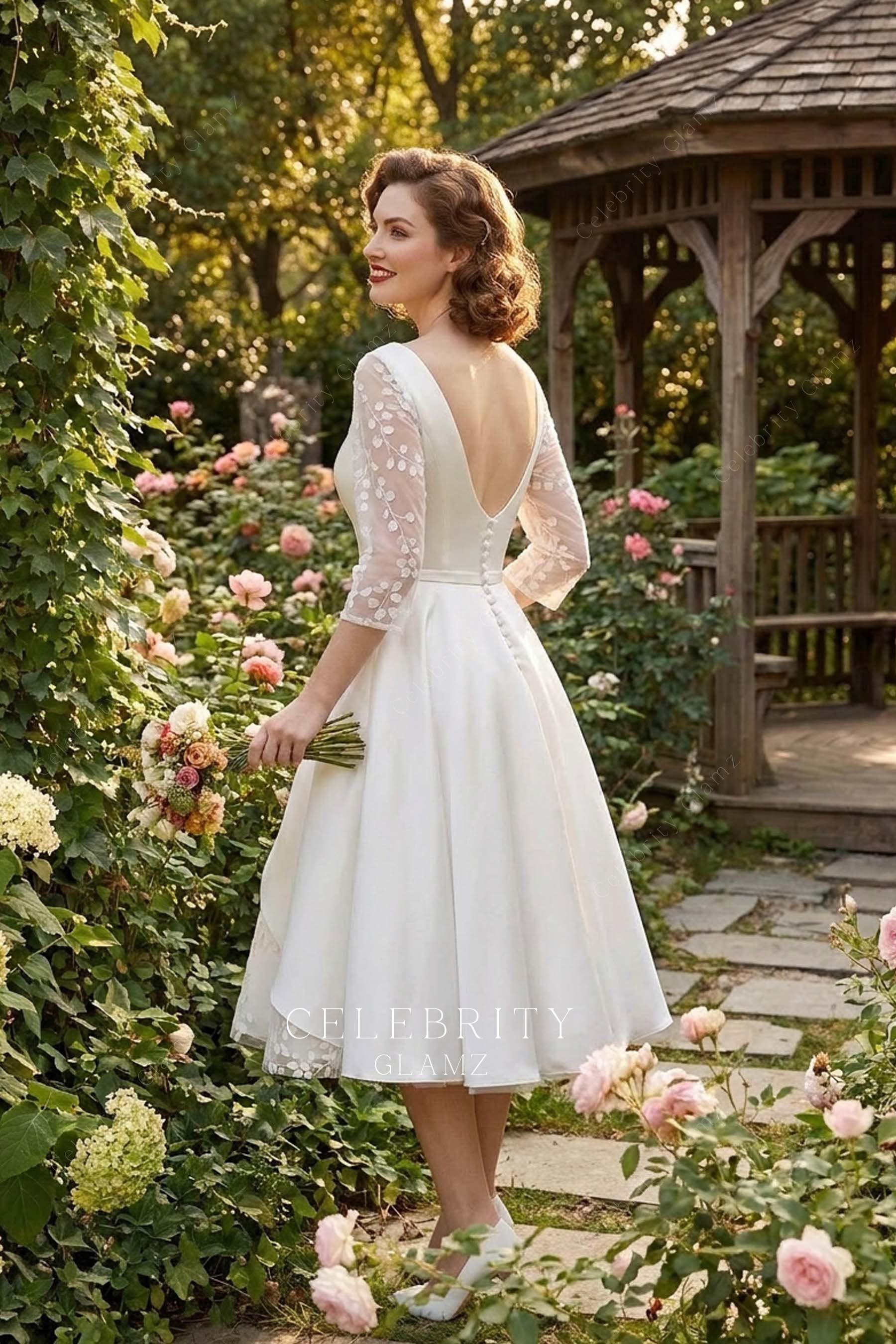 buttoned back layer satin short bridal dress
